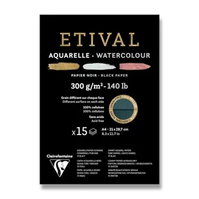 Akvarelový blok Clairefontaine Etival Black Cold Pressed/Rough A4, 15 listů, 300 g
